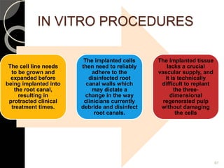 The cell line needs
to be grown and
expanded before
being implanted into
the root canal,
resulting in
protracted clinical
treatment times.
The implanted cells
then need to reliably
adhere to the
disinfected root
canal walls which
may dictate a
change in the way
clinicians currently
debride and disinfect
root canals.
The implanted tissue
lacks a crucial
vascular supply, and
it is technically
difficult to replant
the three-
dimensional
regenerated pulp
without damaging
the cells
IN VITRO PROCEDURES
67
 