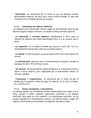 -    Inversiones: se caracteriza por la forma en que los alumnos escriben
    determinados números: los hace girar ciento ochenta grados. El caso más
    frecuente es la confusión del seis con el nueve.



  4.1.2     Confusiones de números simétricos
 Se relaciona con la lateralidad. Ciertos rasgos de determinados números que
deberían ocupar el espacio derecho, y el alumno lo dibuja del lado izquierdo.

-    La numeración o seriación numérica: consideramos la serie como un
    conjunto de números que están subordinados entre si y se suceden unos a
    otros.

-    La repetición: se le ordena al alumno que escriba la serie del 1 al 10 y
    reiteradamente escribe dos o más veces el mismo numero.

-     La omisión: lo mas frecuente, es que el alumno omite uno o más números de
    la serie.

-     La perseveración: Aparece como el tratarnos menos frecuente: tan solo en
    la proporción del 1, 75 al 0,75 por ciento.

-    No abreviar: se hace presente cuando al alumno se le ordena que escriba o
    repita la serie numérica, pero empezando por un determinado numero; el
    cinco por ejemplo.

-    Traslaciones o trasposiciones: se caracteriza por el hecho de que el
    alumno que lo presenta, cambia de lugar los números. Se le dicta el numero
    13, y escribe el 31.

  4.1.3     Escala ascendentes y descendentes
Los alumnos poseen con claridad las nociones operacionales de la suma y de la
resta: agregar y quitar, mediante operaciones concretas y con objetos
familiares, para pasar en otro momento a las operaciones numéricas de las
escalas ascendentes y descendentes, primero con números pares, y luego con
impares, clarificarlas con las nociones de magnitud, sucesión y orden.




                                                                            10
 