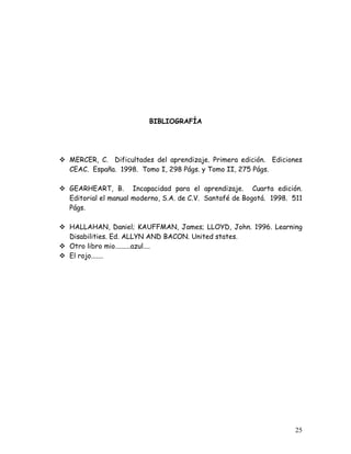 BIBLIOGRAFÍA




 MERCER, C. Dificultades del aprendizaje. Primera edición. Ediciones
  CEAC. España. 1998. Tomo I, 298 Págs. y Tomo II, 275 Págs.

 GEARHEART, B. Incapacidad para el aprendizaje. Cuarta edición.
  Editorial el manual moderno, S.A. de C.V. Santafé de Bogotá. 1998. 511
  Págs.

 HALLAHAN, Daniel; KAUFFMAN, James; LLOYD, John. 1996. Learning
  Disabilities. Ed. ALLYN AND BACON. United states.
 Otro libro mio.........azul....
 El rojo.......




                                                                     25
 