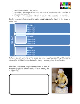  hacer todas tus tareas y bien hechas,
 no quedarte con dudas, preguntar a las personas correspondientes e investigar las
respuestas por tu cuenta,
 investigar e ir siempre un poco más allá de lo que te piden tus padres o tu maestra/o.
Escribe en el siguiente diagrama tus metas, tus estrategias y los plazos de tiempo para
cada una.
Trata de cumplir tus metas en los plazos de tiempo que te propusiste y utilizando las
estrategias debidas. Recuerda que los planes y proyectos han de ser flexibles.
Por último, escribe en el siguiente recuadro un lema o
frase de apoyo que te recuerde tu ideal y que te ayude
a alcanzarlo.
Tiempo:
• Estrategia:
• Estrategia:
• Estrategia:
Tiempo:
• Estrategia:
• Estrategia:
• Estrategia:
Tiempo:
• Estrategia:
• Estrategia:
• Estrategia:
METAS
 