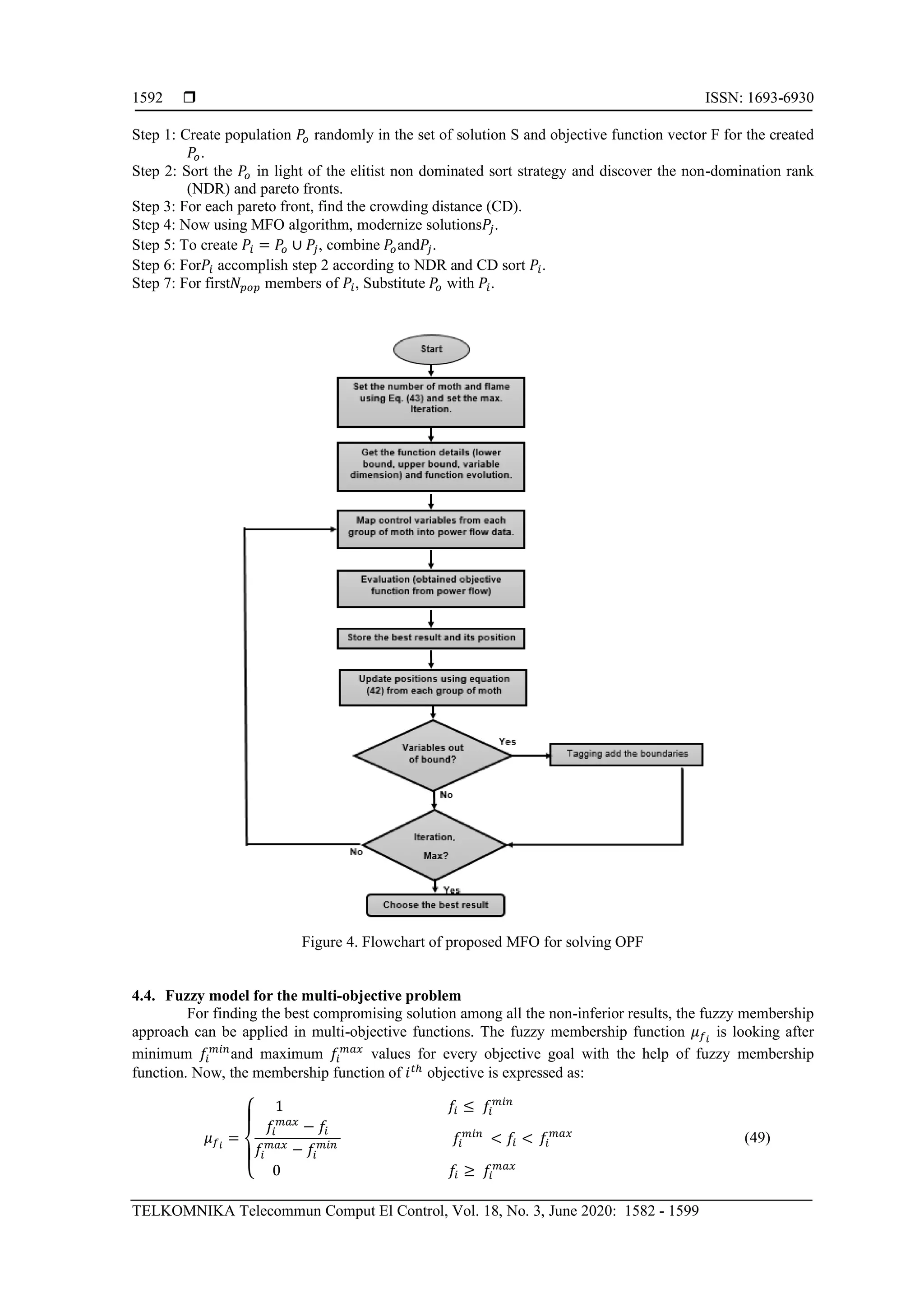  ISSN: 1693-6930
TELKOMNIKA Telecommun Comput El Control, Vol. 18, No. 3, June 2020: 1582 - 1599
1592
Step 1: Create population 𝑃𝑜 randomly in the set of solution S and objective function vector F for the created
𝑃𝑜.
Step 2: Sort the 𝑃𝑜 in light of the elitist non dominated sort strategy and discover the non-domination rank
(NDR) and pareto fronts.
Step 3: For each pareto front, find the crowding distance (CD).
Step 4: Now using MFO algorithm, modernize solutions𝑃𝑗.
Step 5: To create 𝑃𝑖 = 𝑃𝑜 ∪ 𝑃𝑗, combine 𝑃𝑜and𝑃𝑗.
Step 6: For𝑃𝑖 accomplish step 2 according to NDR and CD sort 𝑃𝑖.
Step 7: For first𝑁𝑝𝑜𝑝 members of 𝑃𝑖, Substitute 𝑃𝑜 with 𝑃𝑖.
Figure 4. Flowchart of proposed MFO for solving OPF
4.4. Fuzzy model for the multi-objective problem
For finding the best compromising solution among all the non-inferior results, the fuzzy membership
approach can be applied in multi-objective functions. The fuzzy membership function 𝜇 𝑓 𝑖
is looking after
minimum 𝑓𝑖
𝑚𝑖𝑛
and maximum 𝑓𝑖
𝑚𝑎𝑥
values for every objective goal with the help of fuzzy membership
function. Now, the membership function of 𝑖 𝑡ℎ
objective is expressed as:
𝜇 𝑓 𝑖
=
{
1 𝑓𝑖 ≤ 𝑓𝑖
𝑚𝑖𝑛
𝑓𝑖
𝑚𝑎𝑥
− 𝑓𝑖
𝑓𝑖
𝑚𝑎𝑥
− 𝑓𝑖
𝑚𝑖𝑛 𝑓𝑖
𝑚𝑖𝑛
< 𝑓𝑖 <
0 𝑓𝑖 ≥ 𝑓𝑖
𝑚𝑎𝑥
𝑓𝑖
𝑚𝑎𝑥
(49)
 