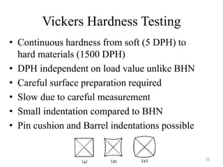 Vickers Hardness Testing
• Continuous hardness from soft (5 DPH) to
hard materials (1500 DPH)
• DPH independent on load value unlike BHN
• Careful surface preparation required
• Slow due to careful measurement
• Small indentation compared to BHN
• Pin cushion and Barrel indentations possible
20
 