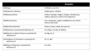 Examples
100)Drugs Vinblastin, curcumin
101)Polymeric substance Rubber, gums, cellulose
102)Macronutrients Carbon, hydrogen, oxygen, nitrogen, phosphorous,
sulphur, potassium, calcium and magnesium
103)Micronutrients Iron, manganese, copper, molybdenum, zinc, boron,
chlorine and nickel
104)Beneficial elements Sodium, silicon, cobalt and selenium
105)Chlorosis is caused by the deficiency of N, K, Mg, S, Fe, Mn, Zn ANDCo
106)Necrosis or death of tissue is caused by the
deficiency of
Ca, Mg, Cu, K
107)Inhibition of cell division is caused by the
deficiency of
N, K, S, Mo
108)Delay in flowering is caused by the
deficiency of
N, S, Mo
 