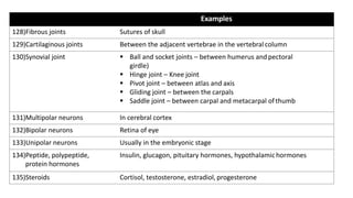 Examples
128)Fibrous joints Sutures of skull
129)Cartilaginous joints Between the adjacent vertebrae in the vertebral column
130)Synovial joint § Ball and socket joints – between humerus and pectoral
girdle)
§ Hinge joint – Knee joint
§ Pivot joint – between atlas and axis
§ Gliding joint – between the carpals
§ Saddle joint – between carpal and metacarpal ofthumb
131)Multipolar neurons In cerebral cortex
132)Bipolar neurons Retina of eye
133)Unipolar neurons Usually in the embryonic stage
134)Peptide, polypeptide,
protein hormones
Insulin, glucagon, pituitary hormones, hypothalamichormones
135)Steroids Cortisol, testosterone, estradiol, progesterone
 