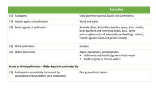 Examples
16) Autogamy Viola (common pansy), Oxalis and Commelina
17) Abiotic agents of pollination Wind and water
18) Biotic agents of pollination Animals [Bees, Butterflies, beetles, wasp, ants, moths,
birds (sunbird and humming birds), bats, some
primates(lemurs) and arboreal(tree-dwelling) rodents,
reptiles (gecko lizard and garden lizard)]
19) Wind pollination Grasses
20) Water pollination Algae, bryophytes, pteridophytes
§ Vallisneria and Hydrilla (grow in fresh water
§ Zostera (grow in marine water)
Insect or Wind pollination – Water hyacinth and water lily
21) Endosperms completely consumed by
developing embryo before seed maturation
Pea, groundnuts, beans
 