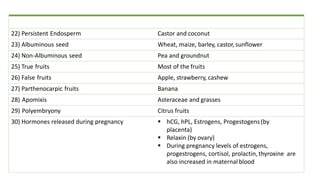 Examples
22) Persistent Endosperm Castor and coconut
23) Albuminous seed Wheat, maize, barley, castor,sunflower
24) Non-Albuminous seed Pea and groundnut
25) True fruits Most of the fruits
26) False fruits Apple, strawberry, cashew
27) Parthenocarpic fruits Banana
28) Apomixis Asteraceae and grasses
29) Polyembryony Citrus fruits
30) Hormones released during pregnancy § hCG, hPL, Estrogens, Progestogens(by
placenta)
§ Relaxin (by ovary)
§ During pregnancy levels of estrogens,
progestrogens, cortisol, prolactin, thyroxine are
also increased in maternal blood
 