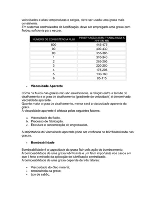 velocidades e altas temperaturas e cargas, deve ser usada uma graxa mais
consistente.
Em sistemas centralizados de lubrificação, deve ser empregada uma graxa com
fluidez suficiente para escoar.

                                        PENETRAÇÃO ASTM TRABALHADA A
        NÚMERO DE CONSISTÊNCIA NLGI
                                                 77ºF EM MM
                     000                            445-475
                      00                            400-430
                      00                            355-385
                       1                            310-340
                       2                            265-295
                       3                            220-250
                       4                            175-205
                       5                            130-160
                       6                             85-115

   •   Viscosidade Aparente

Como os fluxos das graxas não são newtonianos, a relação entre a tensão de
cisalhamento e o grau de cisalhamento (gradiente de velocidade) é denominado
viscosidade aparente.
Quanto maior o grau de cisalhamento, menor será a viscosidade aparente da
graxa.
A viscosidade aparente é afetada pelos seguintes fatores:

   a. Viscosidade do fluido.
   b. Processo de fabricação.
   c. Estrutura e concentração do engrossador.

A importância da viscosidade aparente pode ser verificada na bombeabilidade das
graxas.

   •   Bombeabilidade

Bombeabilidade é a capacidade da graxa fluir pela ação do bombeamento.
A bombeabilidade de uma graxa lubrificante é um fator importante nos casos em
que é feito o método da aplicação de lubrificação centralizada.
A bombeabilidade de uma graxa depende de três fatores:

   •   Viscosidade do óleo mineral;
   •   consistência da graxa;
   •   tipo de sabão.
 