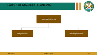 18/01/2023 AIIMS Rajkot 12
CAUSES OF MACROCYTIC ANEMIA
Macrocytic anemia
Megaloblastic Non megaloblastic
 