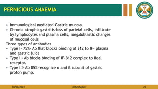 18/01/2023 AIIMS Rajkot 25
PERNICIOUS ANAEMIA
• Immunological mediated-Gastric mucosa
• Chronic atrophic gastritis-loss of parietal cells, infiltrate
by lymphocytes and plasma cells, megaloblastic changes
of mucosal cells.
Three types of antibodies
• Type I- 75%- Ab that blocks binding of B12 to IF- plasma
and gastric juice
• Type II- Ab blocks binding of IF-B12 complex to Ileal
receptor.
• Type III- Ab 85%-recognize α and β subunit of gastric
proton pump.
 