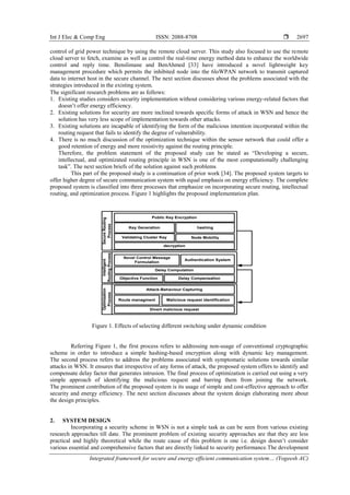 Int J Elec & Comp Eng ISSN: 2088-8708 
Integrated framework for secure and energy efficient communication system… (Yogeesh AC)
2697
control of grid power technique by using the remote cloud server. This study also focused to use the remote
cloud server to fetch, examine as well as control the real-time energy method data to enhance the worldwide
control and reply time. Benslimane and BenAhmed [33] have introduced a novel lightweight key
management procedure which permits the inhibited node into the 6loWPAN network to transmit captured
data to internet host in the secure channel. The next section discusses about the problems associated with the
strategies introduced in the existing system.
The significant research problems are as follows:
1. Existing studies considers security implementation without considering various energy-related factors that
doesn’t offer energy efficiency.
2. Existing solutions for security are more inclined towards specific forms of attack in WSN and hence the
solution has very less scope of implementation towards other attacks.
3. Existing solutions are incapable of identifying the form of the malicious intention incorporated within the
routing request that fails to identify the degree of vulnerability.
4. There is no much discussion of the optimization technique within the sensor network that could offer a
good retention of energy and more resistivity against the routing principle.
Therefore, the problem statement of the proposed study can be stated as “Developing a secure,
intellectual, and optimizated routing principle in WSN is one of the most computationally challenging
task”. The next section briefs of the solution against such problems
This part of the proposed study is a continuation of prior work [34]. The proposed system targets to
offer higher degree of secure communication system with equal emphasis on energy efficiency. The complete
proposed system is classified into three processes that emphasize on incorporating secure routing, intellectual
routing, and optimization process. Figure 1 highlights the proposed implementation plan.
SecureRouting
Process
Intelligent
RoutingProcess
Optimization
Process
Key Generation
Validating Cluster Key Node Mobility
Public Key Encryption
hashing
decryption
Novel Control Message
Formulation
Authentication System
Delay Computation
Delay CompensationObjective Function
Attack-Behaviour Capturing
Route managment Malicious request identification
Divert malicious request
Figure 1. Effects of selecting different switching under dynamic condition
Referring Figure 1, the first process refers to addressing non-usage of conventional cryptographic
scheme in order to introduce a simple hashing-based encryption along with dynamic key management.
The second process refers to address the problems associated with symptomatic solutions towards similar
attacks in WSN. It ensures that irrespective of any forms of attack, the proposed system offers to identify and
compensate delay factor that generates intrusion. The final process of optimization is carried out using a very
simple approach of identifying the malicious request and barring them from joining the network.
The prominent contribution of the proposed system is its usage of simple and cost-effective approach to offer
security and energy efficiency. The next section discusses about the system design elaborating more about
the design principles.
2. SYSTEM DESIGN
Incorporating a security scheme in WSN is not a simple task as can be seen from various existing
research approaches till date. The prominent problem of existing security approaches are that they are less
practical and highly theoretical while the route cause of this problem is one i.e. design doesn’t consider
various essential and comprehensive factors that are directly linked to security performance.The development
 