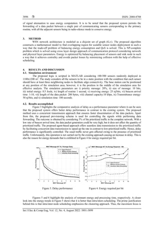  ISSN: 2088-8708
Int J Elec & Comp Eng, Vol. 12, No. 4, August 2022: 3891-3899
3896
of signal attenuation to ease energy computation. It is to be noted that the proposed system permits the
forwarding of a data packet between a single pair of communicating sensors corresponding to the primary
routine, with all the adjacent sensors being in radio-silence mode to conserve energy.
3. METHOD
WSN network architecture is modeled as a disjoint set of graph (G,v). The proposed algorithm
constructs a mathematical model to find overlapping region for scalable sensor nodes deployment in such a
way that the trade-off problem of balancing energy consumption and QoS is solved. This is NP-complete
problem which is solved using cross layer design approach of communication protocol considering network
and physical layer parameters. Energy is optimized by balancing placement of sensors and sink node in such
a way that it achieves centrality and avoids packet losses by minimizing collision with the help of effective
scheduling.
4. RESULTS AND DISCUSSION
4.1. Simulation environment
The proposed logic is scripted in MATLAB considering 100-500 sensors randomly deployed in
1100x1200 m2
. The study considers all the sensors to be in a static position with the condition that each sensor
should have at least three neighboring nodes to facilitate edge connectivity. The base station can be positioned
at any position of the simulation area; however, it is the position in the middle of the simulation area for
effective analysis. The simulation parameters are i) priority message: 20%, ii) size of message: 10 bits,
iii) initial energy: 0.5 Joule, iv) length of routine 1 second, v) receiving energy: 25 nj/bits, vi) beacon arrival
time: 1-10, vii) length of the data packet: 200 bytes, viii) channel capacity:10 kbps, ix) Transmittance energy:
50 nj/bits, and x) simulation time: 100 seconds.
4.2. Results accomplished
Figure 3 highlights the comparative analysis of delay as a performance parameter where it can be seen
that the proposed system offers better delay performance in contrast to the existing system. The proposed
method uses a concurrent transmission approach that ensures faster dissemination of the data packets. Apart
from this, the proposed provisioning scheme is used for controlling the signals while performing data
forwarding. The outcome is obtained by considering 5% of the prioritized traffic in the complete network. With a
low rate of beacon arrival time, the data packet generation could be very high, but it does not affect the quantity of
prioritized traffic. The proposed agent-based approach offers seamless data transmission to the prioritized traffic
by facilitating concurrent data transmission to speed up the rate in contrast to low-prioritized traffic. Hence, delay
performance is significantly controlled. The usual traffic never gets affected owing to the presence of prioritized
traffic. Unfortunately, this operation is not carried out by the existing approach causing an increase in delay. This is
also the reason for energy demands that is exhibited in Figure 4 for energy required per bit.
Figure 3. Delay performance Figure 4. Energy required per bit
Figures 5 and 6 highlight the analysis of remnant energy and processing time, respectively. A closer
look into the energy trends in Figure 5 shows that it is better than intra/inters scheduling. The prime justification
behind this is that intra/inter-node scheduling emphasizes the clustering approach. Thus, the maximum focus is
 