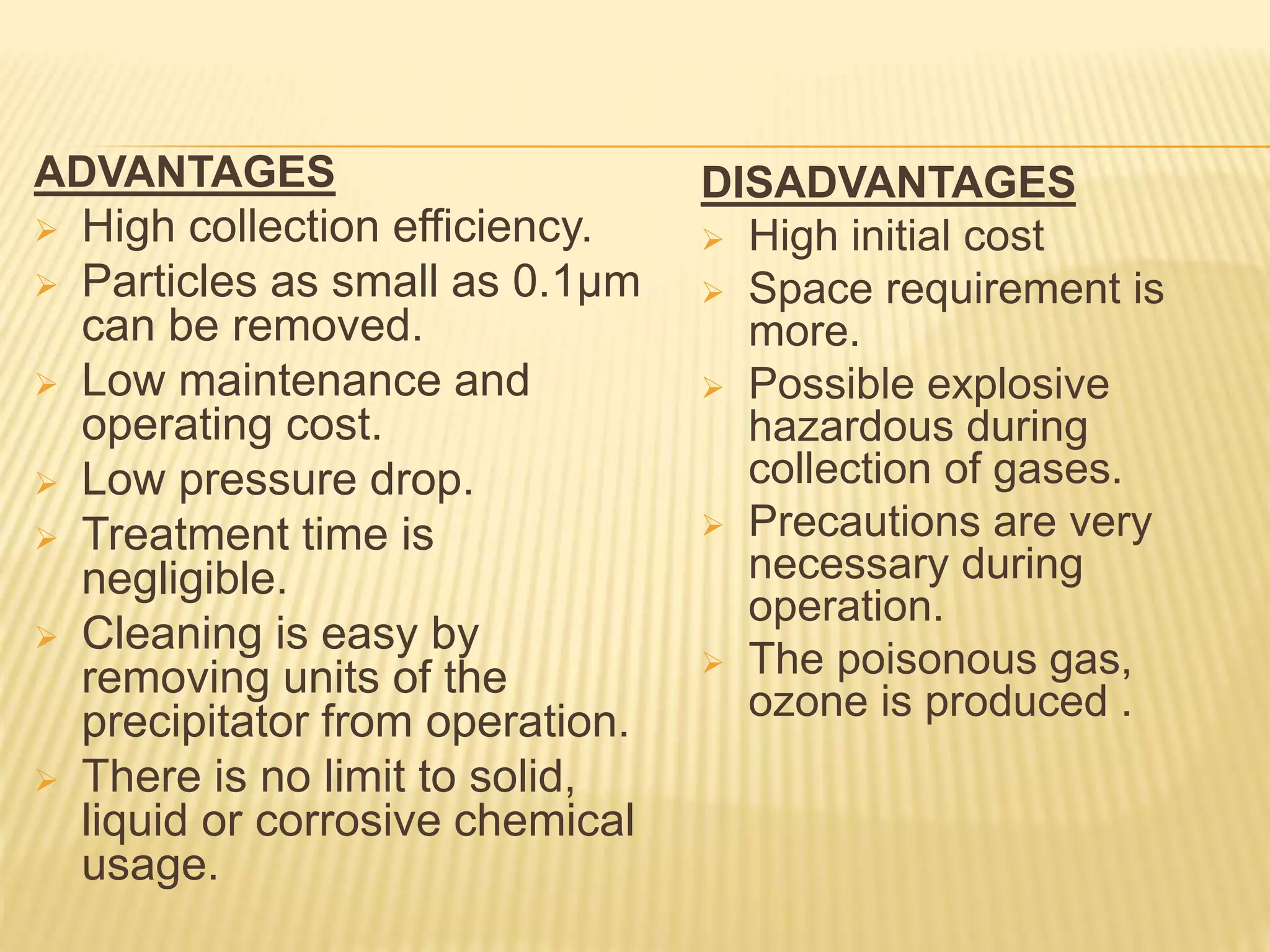 ADVANTAGES
 High collection efficiency.
 Particles as small as 0.1µm
can be removed.
 Low maintenance and
operating cost.
 Low pressure drop.
 Treatment time is
negligible.
 Cleaning is easy by
removing units of the
precipitator from operation.
 There is no limit to solid,
liquid or corrosive chemical
usage.
DISADVANTAGES
 High initial cost
 Space requirement is
more.
 Possible explosive
hazardous during
collection of gases.
 Precautions are very
necessary during
operation.
 The poisonous gas,
ozone is produced .
 