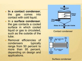  In a contact condenser,
the gas comes into
contact with cold liquid.
 In a surface condenser,
the gas contacts a cooled
surface in which cooled
liquid or gas is circulated,
such as the outside of the
tube.
 Removal efficiencies of
condensers typically
range from 50 percent to
more than 95 percent,
depending on design and
applications.
Surface condenser
Contact condenser
 
