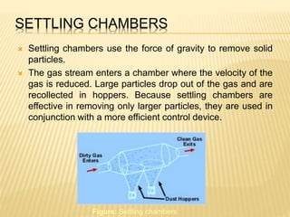SETTLING CHAMBERS
 Settling chambers use the force of gravity to remove solid
particles.
 The gas stream enters a chamber where the velocity of the
gas is reduced. Large particles drop out of the gas and are
recollected in hoppers. Because settling chambers are
effective in removing only larger particles, they are used in
conjunction with a more efficient control device.
Figure: Settling chambers
 