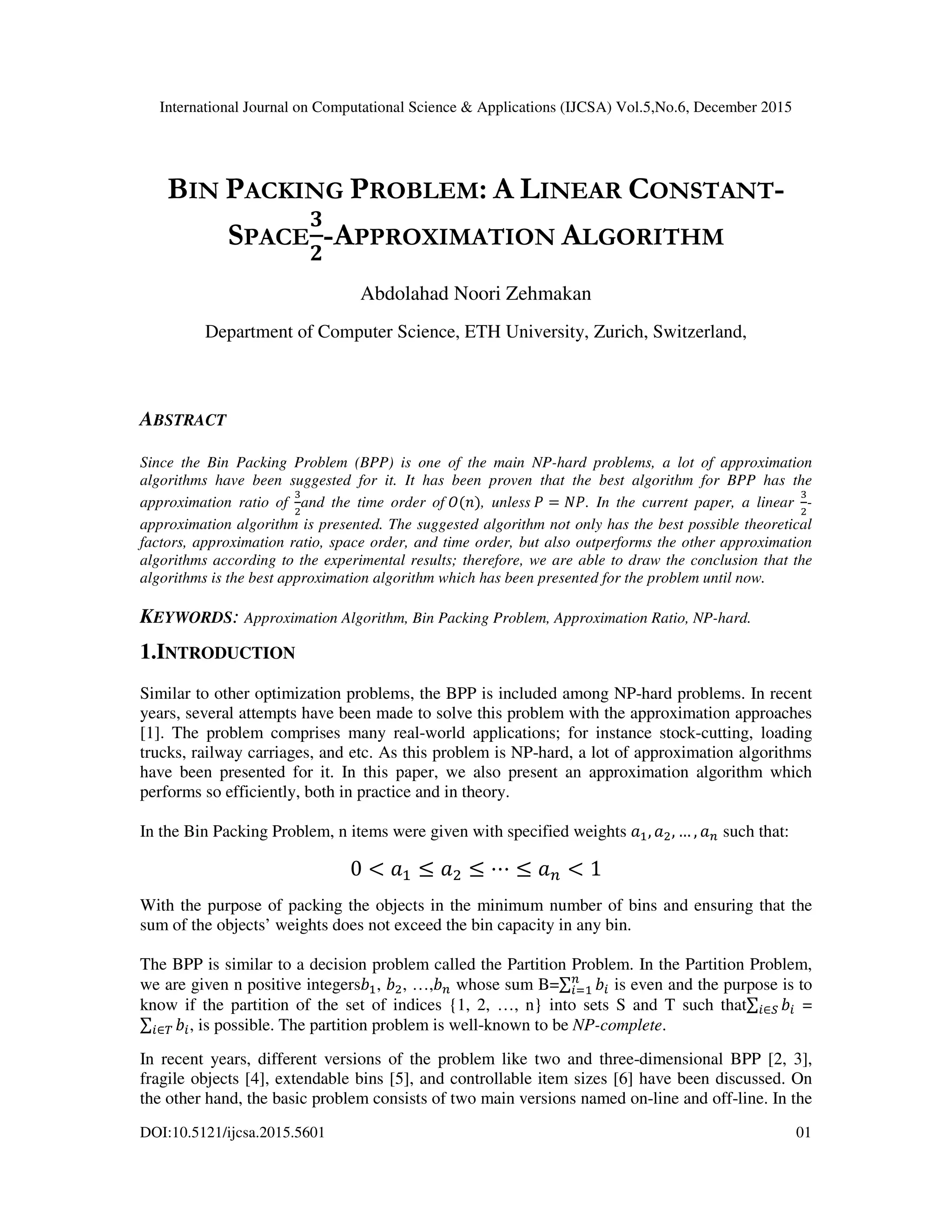 BIN PACKING PROBLEM A LINEAR CONSTANTSPACE APPROXIMATION ALGORITHM PDF
