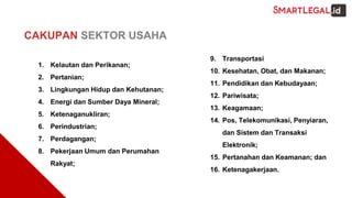1. Kelautan dan Perikanan;
2. Pertanian;
3. Lingkungan Hidup dan Kehutanan;
4. Energi dan Sumber Daya Mineral;
5. Ketenaganukliran;
6. Perindustrian;
7. Perdagangan;
8. Pekerjaan Umum dan Perumahan
Rakyat;
CAKUPAN SEKTOR USAHA
9. Transportasi
10. Kesehatan, Obat, dan Makanan;
11. Pendidikan dan Kebudayaan;
12. Pariwisata;
13. Keagamaan;
14. Pos, Telekomunikasi, Penyiaran,
dan Sistem dan Transaksi
Elektronik;
15. Pertanahan dan Keamanan; dan
16. Ketenagakerjaan.
 