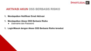 AKTIVASI AKUN OSS BERBASIS RISIKO
1. Mendapatkan Notifikasi Email Aktivasi
1. Mendapatkan Akses OSS Berbasis Risiko
● Username dan Password
1. Login/Masuk dengan Akses OSS Berbasis Risiko tersebut
 