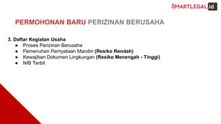 PERMOHONAN BARU PERIZINAN BERUSAHA
3. Daftar Kegiatan Usaha
● Proses Perizinan Berusaha
● Pemenuhan Pernyataan Mandiri (Resiko Rendah)
● Kewajiban Dokumen Lingkungan (Resiko Menengah - Tinggi)
● NIB Terbit
 