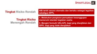 Tingkat Risiko
Menengah Rendah
1. Melakukan pengisian pernyataan kesanggupan
memenuhi standar kegiatan usaha
2. Mengisi formulir UKL/UPL bagi yang diwajibkan dan
SPPL bagi yang tidak diwajibkan
Tingkat Risiko Rendah
NIB terbit secara otomatis dan berlaku sebagai legalitas
sekaligus SPPL
 