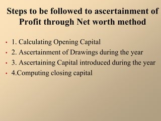 Steps to be followed to ascertainment of
Profit through Net worth method
• 1. Calculating Opening Capital
• 2. Ascertainment of Drawings during the year
• 3. Ascertaining Capital introduced during the year
• 4.Computing closing capital
 