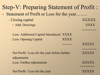 Step-V: Preparing Statement of Profit :
• Statement of Profit or Loss for the year……..
– Closing capital XXXXX
• Add: Drawings XXXX
-------------
Less: Additional Capital Introduced XXXX
Less: Opening Capital XXXX
--------- XXXXX
-------------
Net Profit / Loss for the year before further XXXXX
adjustments
Less: Further adjustments XXXXX
========
Net Profit / Loss for the year XXXXX
 