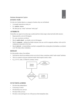Database Management System	 97	
Entity Type
It is the set of similar objects or a category of entities; they are well defined
•	 A rectangle represents an entity set
•	 Ex: students, courses
•	 We often just say “entity” and mean “entity type”
Attribute
It describes one aspect of an entity type; usually [and best when] single valued and indivisible (atomic)
•	 Represented by oval on E-R diagram
•	 Ex: name, maximum enrollment
•	 May be multi-valued – use double oval on E-R diagram
•	 May be composite – attribute has further structure; also use oval for composite attribute, with ovals for
components connected to it by lines
•	 May be derived – a virtual attribute, one that is computable from existing data in the database, use dashed
oval. This helps reduce redundancy
Domain
It is the possible values of an attribute. 
•	 Note that the value for an attribute can be a set or list of values, sometimes called “multi-valued” attributes
•	 This is in contrast to the pure relational model which requires atomic values
•	 E.g., (111111, John, 123 Main St, (stamps, coins))
Student
(Entity)
Name
(Attribute)
Course
(Entity)
Enrolled
(Relationship)
Functions of DBMS
•	 Provides data independence
•	 Concurrency Control
•	 Provides Recovery services
•	 Provides Utility services
•	 Provides a clear and logical view of the process that manipulates data.
 