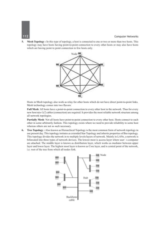 112	 Computer Networks
5.	 Mesh Topology : In this type of topology, a host is connected to one or two or more than two hosts. This
topology may have hosts having point-to-point connection to every other hosts or may also have hosts
which are having point to point connection to few hosts only.
	 Hosts in Mesh topology also work as relay for other hosts which do not have direct point-to-point links.
Mesh technology comes into two flavors:
	 Full Mesh: All hosts have a point-to-point connection to every other host in the network. Thus for every
new host n(n-1)/2 cables (connection) are required. It provides the most reliable network structure among
all network topologies.
	 Partially Mesh: Not all hosts have point-to-point connection to every other host. Hosts connect to each
other in some arbitrarily fashion. This topology exists where we need to provide reliability to some host
whereas others are not as such necessary.
6.	 Tree Topology : Also known as Hierarchical Topology is the most common form of network topology in
use present day. This topology imitates as extended Star Topology and inherits properties of Bus topology.
This topology divides the network in to multiple levels/layers of network. Mainly in LANs, a network is
bifurcated into three types of network devices. The lowest most is access-layer where user‟s computer
are attached. The middle layer is known as distribution layer, which works as mediator between upper
layer and lower layer. The highest most layer is known as Core layer, and is central point of the network,
i.e. root of the tree from which all nodes fork.
 