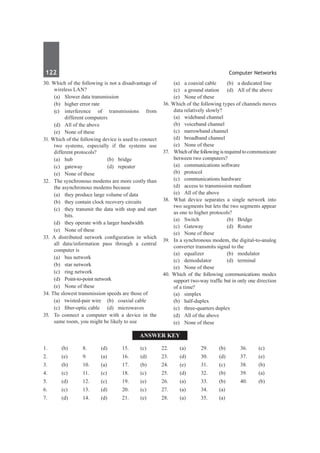 122	 Computer Networks
Answer Key
1.	(b)
2.	(e)
3.	 (b)
4.	(c)
5.	 (d)
6.	(c)
7.	(d)
8.	 (d)
9.	 (a)
10.	(a)
11.	(c)
12.	(c)
13.	 (d)
14.	(d)
15.	 (c)
16.	(d)
17.	(b)
18.	 (c)
19.	 (e)
20.	(c)
21.	(e)
22.	(a)
23.	 (d)
24.	(e)
25.	 (d)
26.	(a)
27.	(a)
28.	 (a)
29.	 (b)
30.	 (d)
31.	 (c)
32.	 (b)
33.	 (b)
34.	 (a)
35.	 (a)
36.	 (c)
37.	 (e)
38.	 (b)
39.	 (a)
40.	(b)
30. Which of the following is not a disadvantage of
wireless LAN?
	 (a)	 Slower data transmission
	 (b)	 higher error rate
	 (c)	
interference of transmissions from
different computers
	 (d)	 All of the above
	 (e)	 None of these
31. Which of the following device is used to connect
two systems, especially if the systems use
different protocols?
	 (a)	hub	 (b)	bridge
	 (c)	gateway	 (d)	repeater
	 (e)	 None of these
32.	 The synchronous modems are more costly than
the asynchronous modems because
	 (a)	 they produce large volume of data
	 (b)	 they contain clock recovery circuits
	 (c)	 they transmit the data with stop and start
bits.
	 (d)	 they operate with a larger bandwidth
	 (e)	 None of these
33. A distributed network configuration in which
all data/information pass through a central
computer is
	 (a)	 bus network	
	 (b)	 star network
	 (c)	 ring network
	 (d)	 Point-to-point network
	 (e)	 None of these
34. The slowest transmission speeds are those of
	 (a)	 twisted-pair wire	 (b)	 coaxial cable
	 (c)	 fiber-optic cable	 (d)	 microwaves
35.	 To connect a computer with a device in the
same room, you might be likely to use
	 (a)	 a coaxial cable	 (b)	 a dedicated line
	 (c)	 a ground station	 (d)	 All of the above
	 (e)	 None of these	
36. Which of the following types of channels moves
data relatively slowly?
	 (a)	 wideband channel
	 (b)	 voiceband channel
	 (c)	 narrowband channel
	 (d)	 broadband channel
	 (e)	 None of these
37. 	 Which of the following is required to communicate
between two computers?
	 (a)	 communications software
	 (b)	protocol
	 (c)	 communications hardware
	 (d)	 access to transmission medium
	 (e)	 All of the above
38.	 What device separates a single network into
two segments but lets the two segments appear
as one to higher protocols?
	 (a)	Switch	 (b)	Bridge
	 (c)	Gateway	 (d)	Router
	 (e)	 None of these
39.	 In a synchronous modem, the digital-to-analog
converter transmits signal to the
	 (a)	 equalizer	 (b)	 modulator
	 (c)	demodulator	 (d)	terminal
	 (e)	 None of these
40. Which of the following communications modes
support two-way traffic but in only one direction
of a time?
	 (a)	 simplex
	 (b)	 half-duplex
	 (c)	 three-quarters duplex	
	 (d)	 All of the above
	 (e)	 None of these
 