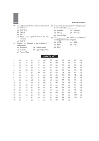 166	 Microsoft Windows
Answer Key
1.	(a)
2.	(c)
3.	 (c)
4.	(b)
5.	 (c)
6.	(b)
7.	(a)
8.	 (e)
9.	 (a)
10.	(e)
11.	(a)
12.	(a)
13.	 (b)
14.	(d)
15.	 (b)
16.	(d)
17.	(b)
18.	 (c)
19.	 (c)
20.	(c)
21.	(b)
22.	(c)
23.	 (c)
24.	(a)
25.	 (c)
26.	(d)
27.	(b)
28.	 (c)
29.	 (c)
30.	 (b)
31.	 (c)
32.	 (b)
33.	 (c)
34.	 (a)
35.	 (b)
36.	 (c)
37.	 (c)
38.	 (c)
39.	 (b)
40.	(a)
41.	(b)
42.	(b)
43.	 (d)
44.	(a)
45.	 (b)
46.	(c)
47.	(c)
48.	 (a)
49.	 (a)
50.	 (c)
51.	 (c)
52.	 (a)
53.	 (b)
54.	 (d)
55.	 (e)
56.	 (d)
57.	 (c)
58.	 (b)
59.	 (b)
60.	(d)
61.	(b)
62.	(a)
63.	 (a)
64.	(a)
65.	 (b)
66.	(c)
67.	(b)
68.	 (b)
69.	 (a)
70.	(c)
71.	(a)
72.	(b)
73.	 (c)
74.	(a)
75.	 (b)
76.	(b)
77.	(b)
78.	 (c)
79.	 (d)
80.	 (d)
81.	 (d)
82.	 (a)
83.	 (a)
84.	 (a)
85.	 (a)
86.	 (d)
87.	 (a)
88.	 (a)
89.	 (b)
90.	 (b)
91.	 (a)
92.	 (c)
93.	 (c)
94.	 (a)
95.	 (e)
96.	 (a)
97.	 (a)
98.	 (e)
99.	 (d)
100.	(c)
101.	(b)
98.	 The keyboard shortcut to centralise the selected
text in Word is
	 (a)	 Ctrl + Esc
	 (b)	 Ctrl + C
	 (c)	 Alt + C
	 (d)	 There is no keyboard shortcut for this
operation
	 (e)	 Ctrl + E
99.	 Windows 95, Windows 98 and Windows NT
are known as
	 (a)	 processors	 (b)	 domain names
	 (c)	 modems	 (d)	 operating systems
	 (e)	 None of these
100.	To indent the first paragraph of your report, you
should use this key __________.
	 (a)	 space bar	 (b)	 return key
	 (c)	 tab key	 (d)	 shift key
	 (e)	 None of these
101.	The __________ file format is a method of
encoding pictures on a computer.
	 (a)	HTML	 (b)	JPEG
	 (c)	FTP	 (d)	URL
	 (e)	 DOC
 