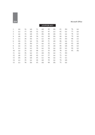 204	 Microsoft Office
Answer Key
1.	(b)
2.	(c)
3.	 (a)
4.	(d)
5.	 (c)
6.	(b)
7.	(d)
8.	 (a)
9.	 (c)
10.	(a)
11.	(a)
12.	(d)
13.	 (b)
14.	(c)
15.	 (c)
16.	(d)
17.	(d)
18.	 (d)
19.	 (d)
20.	(b)
21.	(a)
22.	(b)
23.	 (a)
24.	(c)
25.	 (a)
26.	(a)
27.	(d)
28.	 (d)
29.	 (a)
30.	 (b)
31.	 (d)
32.	 (a)
33.	 (b)
34.	 (c)
35.	 (c)
36.	 (d)
37.	 (a)
38.	 (c)
39.	 (a)
40.	(c)
41.	(d)
42.	(c)
43.	 (c)
44.	(d)
45.	 (d)
45.	 (b)
47.	(c)
48.	 (d)
49.	 (b)
50.	 (c)
51.	 (d)
52.	 (c)
53.	 (d)
54.	 (a)
55.	 (b)
56.	 (a)
57.	 (a)
58.	 (a)
59.	 (a)
60.	(b)
61.	(b)
62.	(e)
63.	 (a)
64.	(a)
65.	 (b)
66.	(a)
67.	(d)
68.	 (d)
69.	 (e)
70.	(e)
71.	(b)
72.	(c)
73.	 (c)
74.	(d)
75.	 (a)
76.	(e)	
77.	(a)
78.	 (c)
79.	 (a)
80.	 (c)
81.	 (c)
83.	 (d)
83.	 (e)
84.	 (e)
85.	 (b)
 