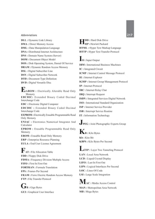 Abbreviations	 217	
DLL : Dynamic Link Library
DMA : Direct Memory Access
DML : Data Manipulation Language
DNA : Distributed Internet Architecture
DNS : Domain Name System (Server)
DOM : Document Object Model
DOS : Disk Operating System, Denial Of Service
DRAM : Dynamic Random Access Memory
DSL : Digital Subscriber Line
DSN : Digital Subscriber Network
DTD : Document Type Definition
DVD : Digital Versatile Disc
EAROM : Electrically Alterable Read Only
Memory
EBCDIC: Extended Binary Coded Decimal
Interchange Code
EDC : Electronic Digital Computer
EDCDIC : Extended Binary Coded Decimal
Interchange Code
EEPROM : Electrically Erasable Programmable Read
Only Memory
ENIAC : Electronics Numerical Integrator And
Calculator
EPROM : Erasable Programmable Read Only
Memory
EROM : Erasable Read Only Memory
ERP : Enterprise Resource Planning
EULA : End User License Agreement
FAT : File Allocation Table
FDD : Floppy Disk Drive
FDMA : Frequency Division Multiple Access
FIFO : First In First Out
FORTRAN : Formula Translation
FPS : Frames Per Second
FRAM : Ferro Electric Random Access Memory
FTP : File Transfer Protocol
GB : Giga Bytes
GUI : Graphical User Interface
HDD : Hard Disk Drive
HP : Hewlett Packard
HTML : Hyper Text Markup Language
HTTP : Hyper Text Transfer Protocol
IO : Input Output
IBM : International Business Machines
IC : Integrated Circuit
ICMP : Internet Control Message Protocol
IE : Internet Explorer
IGMP : Internet Group Management Protocol
IP : Internet Protocol
IRC : Internet Relay Chat
IRQ : Interrupt Request
ISDN : Integrated Services Digital Network
ISO : International Standard Organization
ISP : Internet Service Provider
ISR : Interrupt Service Routine
IT : Information Technology
JPEG : Joint Photographic Experts Group
KB : Kilo Bytes
Kb : Kito Bit
KBPS : Kilo Bytes Per Second
L2TP : Layer Two Tunneling Protocol
LAN : Local Area Network
LCD : Liquid Crystal Display
LIFO : Last In First Out
LIPS : Logical Interfaces Per Second
LOC : Lines Of Code
LSI : Large Scale Integration
MAC : Media Access Control
MAN : Metropolitan Area Network
MB : Mega Bytes
 