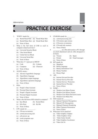 Abbreviations	 221	
Practice Exercise
1.	 ‘WWW’ stands for _________.
	 (a)	 World Word Web	 (b)	 World Wide Web
	 (c)	 World White Web	 (d)	 World Work Web
	 (e)	 None of these
2.	 What is the full form of USB as used in
computer related activities?
	 (a)	 Universal Security Block
	 (b)	 Ultra Serial Block
	 (c)	 United Service Block
	 (d)	 Universal Serial Bus
	 (e)	 None of these
3.	 What does ‘C’ represent in MICR?
	 (a)	Code	 (b)	Column
	 (c)	Computer	 (d)	Character
	 (e)	 None of these
4.	 ALGOL means –
	 (a)	 Advance logarithmic language
	 (b)	 Algorithmic language
	 (c)	 Algorithmic output language
	 (d)	 Algorithmic operation language
	 (e)	 None of these
5.	 PDA–
	 (a)	 People’s Data Assistant
	 (b)	 Personal Data Assistant
	 (c)	 People’s Digital Assistant
	 (d)	 Personal Digital Assistant
	 (e)	 None of these
6.	 What is the full form of KS related to computer?
	 (a)	 Key Block	 (b)	 Kernel Boot
	 (c)	 Kilo Byte	 (d)	 Kit Bit
	 (e)	 None of these
7.	 CPU stands for __________.
	 (a)	 CD-run on memory	
	 (b)	 central processing unit
	 (c)	 call powers up	
	 (d)	 create programs user
	 (e)	 None of these
8.	 CD-ROM stands for _________.
	 (a)	 central processing unit
	 (b)	 CD-remote open mouse
	 (c)	 CD-resize or minimize
	 (d)	 CD-read only memory
	 (e)	 None of these
9.	 __________ are often delivered to a PC through
an email attachment and are often designed to
do harm.
	 (a)	Viruses	 (b)	Spam	
	 (c)	 Portals	 (d)	 Email messages
	 (e)	 None of these
10.	 BIT stands for
	 (a)	Megabyte	
	 (b)	 Binary language
	 (c)	 Binary Information Unit	
	 (d)	 Binary Number
	 (e)	 Binary Digit
11.	 ISP –
	 (a)	 Internet Servant Provider
	 (b)	 Internet Service Provider
	 (c)	 Internet Service Protection
	 (d)	 Internal Server Provider
	 (e)	 None of these
12.	 WIMP –
	 (a)	 Window Icon Menu Pointer
	 (b)	 Window Icon Mouse Pointer
	 (c)	 Window Icon Menu Pull down menu
	 (d)	 Window Icon Menu Pen
13.	 OCR stands for __________
	 (a)	 Optical Character Recognition
	 (b)	 Optical CPU Recognition
	 (c)	 Optimal Character Rendering
	 (d)	 Other Character Restoration
	 (e)	 None of these
14.	 What does VGA stand for?	
	 (a)	 Video Graphics Adapter
	 (b)	 Video Graphics Array
	 (c)	 Video Game Awards
	 (d)	 Video Graphics Accelerator
	 (e)	 Video Girl Ai
 