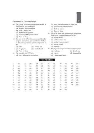 Components of Computer System	 33	
Answer Key
1.	(a)
2.	(a)
3.	 (e)
4.	(b)
5.	 (b)
6.	(b)
7.	(c)
8.	 (a)
9.	 (c)
10.	(c)
11.	(d)
12.	(c)
13.	 (b)
14.	(c)
15.	 (b)
16.	(c)
17.	(b)
18.	 (d)
19.	 (a)
20.	(b)
21.	(d)
22.	(c)
23.	 (c)
24.	(b)
25.	 (a)
26.	(d)
27.	(c)
28.	 (b)
29.	 (a)
30.	 (c)
31.	 (c)
32.	 (a)
33.	 (e)
34.	 (a)
35.	 (d)
36.	 (c)
37.	 (e)
38.	 (d)
39.	 (b)
40.	(a)
41.	(d)
42.	(b)
43.	 (d)
44.	(c)
45.	 (c)
46.	(a)
47.	(e)
48.	 (b)
49.	 (d)
50.	 (d)
51.	 (b)
52.	 (b)
53.	 (c)
54.	 (a)
55.	 (a)
56.	 (b)
57.	 (b)
58.	 (e)
59.	 (e)
60.	(d)
61.	(e)
62.	(c)
63.	 (d)
64.	(d)
65.	 (c)
66.	(c)
67.	(b)
68.	 (d)
69.		 (c)
70.		 (b)
66.	 The central processing unit contains which of
the following as a component?
	 (a)	 Memory Regulation Unit
	 (b)	 Flow Control Unit
	 (c)	 Arithmetic Logic Unit
	 (d)	 Instruction Manipulation Unit
	 (e)	 None of these
67.	 The part of the CPU that accesses and decodes
program instructions, and coordinates the flow
of data among various system components is
the
	 (a)	 ALU	 (b)	 control unit
	 (c)	megahertz	 (d)	motherboard
	 (e)	 None of these
68.	 The main job of a CPU is to __________.
	 (a)	 carry out program instructions
	 (b)	 store data/information for future use
	 (c)	 process data and information
	 (d)	 Both (a) and (c)
	 (e)	 None of these
69.	 All of the logic and mathematical calculations
done by the computer happen in/on the
	 (a)	 system board	
	 (b)	 central control unit
	 (c)	 central processing unit	
	 (d)	 mother board
	 (e)	memory
70.	 The physical components of a computer system.
	 (a)	 Software	 (b)	Hardware	
	 (c)	 ALU	 (d)	 Control Unit
	 (e)	 None of the above	
 