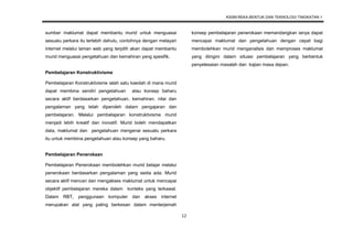 KSSM REKA BENTUK DAN TEKNOLOGI TINGKATAN 1
12
sumber maklumat dapat membantu murid untuk menguasai
sesuatu perkara itu terlebih dahulu, contohnya dengan melayari
internet melalui laman web yang terpilih akan dapat membantu
murid menguasai pengetahuan dan kemahiran yang spesifik.
Pembelajaran Konstruktivisme
Pembelajaran Konstruktivisme ialah satu kaedah di mana murid
dapat membina sendiri pengetahuan atau konsep baharu
secara aktif berdasarkan pengetahuan, kemahiran, nilai dan
pengalaman yang telah diperoleh dalam pengajaran dan
pembelajaran. Melalui pembelajaran konstruktivisme murid
menjadi lebih kreatif dan inovatif. Murid boleh mendapatkan
data, maklumat dan pengetahuan mengenai sesuatu perkara
itu untuk membina pengetahuan atau konsep yang baharu.
Pembelajaran Penerokaan
Pembelajaran Penerokaan membolehkan murid belajar melalui
penerokaan berdasarkan pengalaman yang sedia ada. Murid
secara aktif mencari dan mengakses maklumat untuk mencapai
objektif pembelajaran mereka dalam konteks yang terkawal.
Dalam RBT, penggunaan komputer dan akses internet
merupakan alat yang paling berkesan dalam menterjemah
konsep pembelajaran penerokaan memandangkan ianya dapat
mencapai maklumat dan pengetahuan dengan cepat bagi
membolehkan murid menganalisis dan memproses maklumat
yang diingini dalam situasi pembelajaran yang berbentuk
penyelesaian masalah dan kajian masa depan.
 