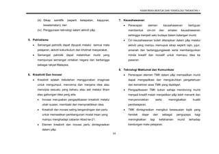 KSSM REKA BENTUK DAN TEKNOLOGI TINGKATAN 1
14
(iii) Sikap saintifik (seperti ketepatan, kejujuran,
keselamatan); dan
(iv) Penggunaan teknologi dalam aktiviti p&p.
5. Patriotisme
 Semangat patriotik dapat dipupuk melalui semua mata
pelajaran, aktiviti kokurikulum dan khidmat masyarakat.
 Semangat patriotik dapat melahirkan murid yang
mempunyai semangat cintakan negara dan berbangga
sebagai rakyat Malaysia.
6. Kreativiti Dan Inovasi
 Kreativiti adalah kebolehan menggunakan imaginasi
untuk mengumpul, mencerna dan menjana idea atau
mencipta sesuatu yang baharu atau asli melalui ilham
atau gabungan idea yang ada.
 Inovasi merupakan pengaplikasian kreativiti melalui
ubah suaian, membaiki dan mempraktikkan idea.
 Kreativiti dan inovasi saling bergandingan dan perlu
untuk memastikan pembangunan modal insan yang
mampu menghadapi cabaran Abad ke-21.
 Elemen kreativiti dan inovasi perlu diintegrasikan
dalam p&p.
7. Keusahawanan
 Penerapan elemen keusahawanan bertujuan
membentuk ciri-ciri dan amalan keusahawanan
sehingga menjadi satu budaya dalam kalangan murid.
 Ciri keusahawanan boleh diterapkan dalam p&p melalui
aktiviti yang mampu memupuk sikap seperti rajin, jujur,
amanah dan bertanggungjawab serta membangunkan
minda kreatif dan inovatif untuk memacu idea ke
pasaran.
8. Teknologi Maklumat dan Komunikasi
 Penerapan elemen TMK dalam p&p memastikan murid
dapat mengaplikasi dan mengukuhkan pengetahuan
dan kemahiran asas TMK yang dipelajari.
 Pengaplikasian TMK bukan sahaja mendorong murid
menjadi kreatif malah menjadikan p&p lebih menarik dan
menyeronokkan serta meningkatkan kualiti
pembelajaran.
 TMK diintegrasikan mengikut kesesuaian topik yang
hendak diajar dan sebagai pengupaya bagi
meningkatkan lagi kefahaman murid terhadap
kandungan mata pelajaran.
 