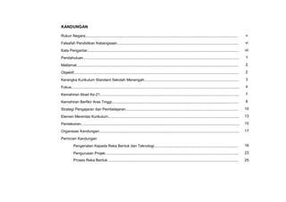 KSSM REKA BENTUK DAN TEKNOLOGI TINGKATAN 1
v
KANDUNGAN
Rukun Negara................................................................................................................................................... v
Falsafah Pendidikan Kebangsaan..................................................................................................................... vi
Kata Pengantar.................................................................................................................................................. vii
Pendahuluan...................................................................................................................................................... 1
Matlamat............................................................................................................................................................ 2
Objektif............................................................................................................................................................... 2
Kerangka Kurikulum Standard Sekolah Menengah........................................................................................... 3
Fokus.................................................................................................................................................................. 4
Kemahiran Abad Ke-21...................................................................................................................................... 7
Kemahiran Berfikir Aras Tinggi.......................................................................................................................... 9
Strategi Pengajaran dan Pembelajaran............................................................................................................. 10
Elemen Merentas Kurikulum.............................................................................................................................. 13
Pentaksiran......................................................................................................................................................... 15
Organisasi Kandungan....................................................................................................................................... 17
Perincian Kandungan
Pengenalan Kepada Reka Bentuk dan Teknologi................................................................................. 18
Pengurusan Projek................................................................................................................................ 23
Proses Reka Bentuk .............................................................................................................................
Lakaran..................................................................................................................................................
25
 