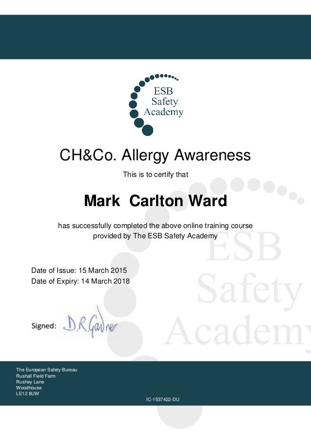 CH Co Allergy Awareness ESB Certificate 15th March 2015 CH Co Allergy Awareness ESB Certificate 15th March 2015