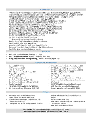 OTHER PROJECTS
 HR CustomizedSystemIntegratedwithFourthShift for Masr Chemical IndustryMCIEGY, Egypt, 2 Months
 Invoice DistributionSystemIntegratedwithFourthShift forMasrChemical IndustryMCIEGY, Egypt, 6 Months
 Manage Spare Parts Inventory&Costing forEasternCompanyfor Tobacco – EGY, Egypt,1 Year
 Law Affairs forEasternCompanyforTobacco – EGY, Egypt,3 Months
 SHAMIL ERP for FARCO,BAQALB,ANFAL,AlSedan,ELKheraigi, ELMoagel,KSA,2Year
 CustomClearance IntegratedwithSHAMILERP for KhaledElzafer,KSA, 1.5Years
 Real Estate IntegratedwithSHAMILERP for El,Rajhi, ElMorshed,KSA
 RecruitmentIntegratedwithSHAMILERP for ElFawzan,ElAbdellatif,6Months
 ContainerManagement IntegratedwithSHAMILERPfor Sajam, KSA,6 Months
 Car RentIntegratedwithSHAMILERP for Jama,Avis, KSA,4 Months
 CustomizedCRMWebApplication –WASELforSaudi Post,KSA,1.8 Years
 Oracle Financial 11i ERP for Mawhiba,KSA,3.5 Years
 MS CRM4.0 for Mawhiba,KSA,3.5 Years
 IVR& ContactCenterforMawhiba,KSA,3.5 Years
 DealingRoomApp forCairo Bank,NDB, Egypt,1.5 Years
 BankingL/Cfor CairoBank,Egypt, 2 Years
 Voice BankingforEgyptianSaudi Bank, Egypt,6 Months
 Supportof Turbo SwiftEgypt for 10 Banksin Egy,3 Banks,3 Years
 Basel II for Qatar IslamicBank, Qatar, 2 Months
EDUCATION
 MBA from EdinburgNapierUniversity, UK,2014
 MBA (InformationSystems),Manipal University,India,2013
 B Sc (ComputerScience and Engineering), MenofiaUniversity,Egypt,1992
PROFESSIONAL DEVELOPMENT
 Sybase 11 DBA (EGY)
 IBM WebSphere (EGY)
 WebDeveloping(EGY)
 ObjectOriented Analysis&Design (EGY)
 ProjectManaging(KSA)
 MS Project(KSA)
 IVR& Call Center(Dubai)
 Oracle Financial 11i AppsDBA (KSA)
 Oracle Financial 11i Alerts& Reports (KSA)
 Oracle Financial 11i
(GL,AP,AR,CM.FA,INV,PU,HR,PAY,SS) (KSA)
 MS Enterprise ProjectManaging EPM(KSA)
 Oracle Financial 11i SystemAdminExpert OCE
 MS SQL Server2005 Implementation70,431
 MS CRM4.0 Config.& CustomizationMB2,631
 MS CRM4.0 Application MB2,632
 ITIL V3 Foundation
 Six SigmaGreenBelt (KSA)
 Prince2Foundation&Practitioners (Dubai)
 DecisionAnalysisforOperationandMaintenance
(Malaysia)
 MCITP (CRM4 Configuration&Application)
 CBD (CertifiedPowerBuilderDeveloper)
 ProjectManagingProfessionalPMP(PMI)
IT FORTE
 MicrosoftOffice suite tools:Microsoft
Excel/PowerPoint/Visio/Project/EPM.
 ProgrammerTools:COBOL,PowerBuilder,VB,
Oracle Developer2000
 DB Engines:SQL Server,Sybase ,Oracle ,Informix
 Cisco& Call Manager 6.0 Environment,Call
Center
 OS: Windows,UNIX,Linux
 Oracle Functional Module:HR, Finance System&
SupplyChainSystems
 Oracle Database Administration
Date of Birth: 24th
June 1970; Languages Known: English and Arabic
Reference: http://www.linkedin.com/profile/view?id=77763079
 