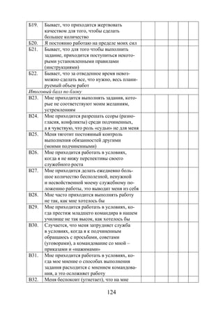 124
Б19. Бывает, что приходится жертвовать
качеством для того, чтобы сделать
большее количество
Б20. Я постоянно работаю на пределе моих сил
Б21. Бывает, что для того чтобы выполнить
задание, приходится поступиться некото-
рыми установленными правилами
(инструкциями)
Б22. Бывает, что за отведенное время невоз-
можно сделать все, что нужно, весь плани-
руемый объем работ
Итоговый балл по блоку
В23. Мне приходится выполнять задания, кото-
рые не соответствуют моим желаниям,
устремлениям
В24. Мне приходится разрешать ссоры (разно-
гласия, конфликты) среди подчиненных,
а я чувствую, что роль «судьи» не для меня
В25. Меня тяготит постоянный контроль
выполнения обязанностей другими
(моими подчиненными)
В26. Мне приходится работать в условиях,
когда я не вижу перспективы своего
служебного роста
В27. Мне приходится делать ежедневно боль-
шое количество бесполезной, ненужной
и несвойственной моему служебному по-
ложению работы, это выводит меня из себя
В28. Мне часто приходится выполнять работу
не так, как мне хотелось бы
В29. Мне приходится работать в условиях, ко-
гда престиж младшего командира в нашем
училище не так высок, как хотелось бы
В30. Случается, что меня затрудняет служба
в условиях, когда я к подчиненным
обращаюсь с просьбами, советами
(уговорами), а командование со мной –
приказами и «нажимами»
В31. Мне приходится работать в условиях, ко-
гда мое мнение о способах выполнения
задания расходится с мнением командова-
ния, а это осложняет работу
В32. Меня беспокоит (угнетает), что на мне
Copyright ОАО «ЦКБ «БИБКОМ» & ООО «Aгентство Kнига-Cервис»
 