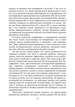75
щаются за помощью или поддержкой к коллегам. У нас есть ос-
нования полагать, что данные руководители принадлежат к числу
тех, кто в трудной ситуации ориентирован на её разрешение, что
подтверждается предыдущими исследованиями [38]. По получен-
ным нами результатам предыдущих исследований [36], мастера с
низким уровнем РК (I–
) более практичны в делах и реалистичны в
оценках, опираются на практическую очевидность и логику, так-
же они более проницательны (N+
), смелы (Н+
) и менее мятежны
(Q1
–
), что позволяет лучше справляться со стрессовыми ситуа-
циями. Проницательность позволяет мастеру предвидеть наибо-
лее вероятный ход развития событий и тем самым более грамотно
простроить свою работу.
В случае недостатка информации в напряженной ситуации
они будут искать недостающую им информацию, что, в свою
очередь, снизит неопределённость и связанные с ней пережива-
ния. Люди проблемно-ориентированного стиля используют свои
усилия для рационального анализа проблемы, осознанно плани-
руя свои действия для разрешения трудной ситуации.
На наш взгляд, весьма важно, что данные руководители не
стремятся избежать или уйти от решения проблем, поскольку
данная стратегия наименее эффективна, особенно когда необхо-
димо решать проблемы в короткие сроки. Они очень редко при-
бегают к каким-либо видам агрессии. По исследованиям Л.И. Ан-
циферовой, люди, предпочитающие конструктивно-преобразую-
щие стратегии, оказываются личностями с оптимистичным
мировоззрением, устойчивой положительной самооценкой, реа-
листичным подходом к жизни и сильно выраженной мотивацией
достижения [5]. Так как наше исследование проводилось в тече-
ние ряда лет, то у нас была возможность отследить изменения как
по заводу в целом, так и по каждому испытуемому. За период ис-
следований мы установили, что некоторые мастера этой группы
переместились по должностной лестнице вверх: до старшего мас-
тера (5 человек), до заместителя начальника цеха (1 человек), до
начальника отделом (1 человек), причём они планируют и дальше
карьерный рост.
Результаты экспертной оценки показали, что вышестоящее
руководство оценивает мастеров с низким уровнем РК как более
Copyright ОАО «ЦКБ «БИБКОМ» & ООО «Aгентство Kнига-Cервис»
 