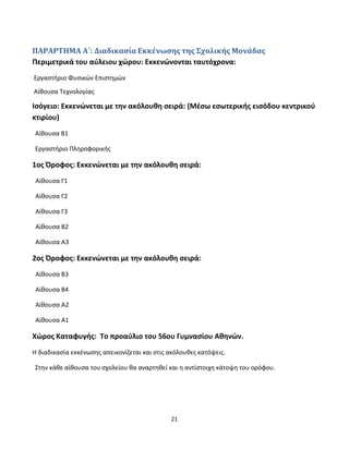 21
ΠΑΡΑΡΤΗΜΑ Α΄: Διαδικασία Εκκένωσης της Σχολικής Μονάδας
Περιμετρικά του αύλειου χώρου: Εκκενώνονται ταυτόχρονα:
Εργαστήριο Φυσικών Επιστημών
Αίθουσα Τεχνολογίας
Ισόγειο: Εκκενώνεται με την ακόλουθη σειρά: (Μέσω εσωτερικής εισόδου κεντρικού
κτιρίου)
Αίθουσα Β1
Εργαστήριο Πληροφορικής
1ος Όροφος: Εκκενώνεται με την ακόλουθη σειρά:
Αίθουσα Γ1
Αίθουσα Γ2
Αίθουσα Γ3
Αίθουσα Β2
Αίθουσα Α3
2ος Όροφος: Εκκενώνεται με την ακόλουθη σειρά:
Αίθουσα Β3
Αίθουσα Β4
Αίθουσα Α2
Αίθουσα Α1
Χώρος Καταφυγής: Το προαύλιο του 56ου Γυμνασίου Αθηνών.
Η διαδικασία εκκένωσης απεικονίζεται και στις ακόλουθες κατόψεις.
Στην κάθε αίθουσα του σχολείου θα αναρτηθεί και η αντίστοιχη κάτοψη του ορόφου.
 