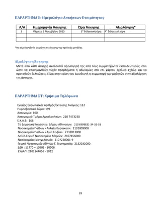 28
ΠΑΡΑΡΤΗΜΑ Ε: Ημερολόγιο Ασκήσεων Ετοιμότητας
Α/Α Ημερομηνία Άσκησης Ώρα Άσκησης Αξιολόγηση*
1 Πέμπτη 3 Νοεμβρίου 2015 3η
διδακτική ώρα 4η
διδακτική ώρα
*Να αξιολογηθούν οι χρόνοι εκκένωσης της σχολικής μονάδας
Αξιολόγηση Άσκησης
Μετά από κάθε άσκηση ακολουθεί αξιολόγησή της από τους συμμετέχοντες εκπαιδευτικούς, έτσι
ώστε να επισημανθούν τυχόν προβλήματα ή αδυναμίες στο επί χάρτου Σχολικό Σχέδιο και να
προταθούν βελτιώσεις. Είναι στην κρίση του Διευθυντή η συμμετοχή των μαθητών στην αξιολόγηση
της άσκησης.
ΠΑΡΑΡΤΗΜΑ ΣΤ: Χρήσιμα Τηλέφωνα
Ενιαίος Ευρωπαϊκός Αριθμός Έκτακτης Ανάγκης: 112
Πυροσβεστικό Σώμα: 199
Αστυνομία: 100
Αστυνομικό Τμήμα Αμπελοκήπων: 210 7473230
Ε.Κ.Α.Β: 166
7η Δημοτική Κοινότητα Δήμου Αθηναίων: 210 6998831-34-35-38
Νοσοκομείο Παίδων «Αγλαΐα Κυριακού»: 2132009000
Νοσοκομείο Παίδων «Αγία Σοφία»: 2132013000
Λαϊκό Γενικό Νοσοκομείο Αθηνών: 2107456000
Νοσοκομείο Ευαγγελισμός: 2107220001-9
Γενικό Νοσοκομείο Αθηνών Γ. Γεννηματάς: 2132032000
ΔΕΗ : 11770 – 10503 - 10506
ΕΥΔΑΠ: 2102144056 - 1022
 