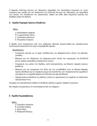 9
Ο Αρχηγός Πολιτικής Άμυνας του Ιδρύματος αναγράφει στο Ημερολόγιο Ενεργειών σε ποιες
ενέργειες έχει προβεί για την Οργάνωση της Πολιτικής Άμυνας του Ιδρύματος, την προμήθεια
των υλικών, την εκπαίδευση του προσωπικού, καθώς και κάθε άλλο σημαντικό γεγονός που
λαμβάνει χώρα στο Σχολείο.
3. Ομάδα Παροχής Πρώτων Βοηθειών
Μέλη:
α. Χατζησάρρου Εριφύλη
β. Γεωργιοπούλου Ελένη
γ. Τεκάτογλου Δέσποινα
δ. Τζουμάκης Γεώργιος
Η Ομάδα αυτή συγκροτείται από τους καθηγητές Φυσικής Αγωγής καθώς και εκπαιδευτικούς
και διοικητικό προσωπικό που έχουν επιμορφωθεί σχετικά.
Αρμοδιότητες:
- Ενημέρωση σχετικά με το χώρο αποθήκευσης του φαρμακευτικού υλικού της σχολικής
μονάδας.
- Μέριμνα για την πληρότητα του φαρμακευτικού υλικού και ενημέρωση του Διευθυντή
για την ανάγκη προμήθειας απαραίτητων υλικών.
- Ενημέρωση των μελών της Ομάδας, κατά προτεραιότητα, για θέματα παροχής πρώτων
βοηθειών.
- Μέριμνα για την ενημέρωση των ιδίων και των συναδέλφων τους σε θέματα παροχής
πρώτων βοηθειών (με τη σύμφωνη γνώμη του Διευθυντή), συν- διοργανώνοντας ημερίδες ή
σεμινάρια με τον αρμόδιο φορέα της Πολιτείας για σχετικά θέματα.
- Παροχή πρώτων βοηθειών σε μαθητές ή μέλη του προσωπικού του σχολείου σε περίπτωση
τραυματισμού τους.
Ως χώρος της εγκατάστασης Σταθμού Α' Βοηθειών ορίζεται ο χώρος: Γραφείο Γυμναστών
Θα υπάρξει συνεργασία με τα συστεγαζόμενα ΔΑΙ, αν υπάρχουν.
4. Ομάδα Πυρασφάλειας
Μέλη:
α. Γρηγορίου Αγορίτσα
β. Λυκοκάπη Μαρία
γ. Ζήκος Νίκος
δ. Μαραμπέα Άρτεμις
 
