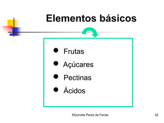 Elizonete Peres de Farias 32
Elementos básicos
 Frutas
 Açúcares
 Pectinas
 Ácidos
 
