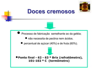 Doces cremosos
 Processo de fabricação semelhante ao da geléia;
 não necessita de pectina nem ácidos.
 percentual de açúcar (40%) e de fruta (60%).
Ponto final - 62 - 63 º Brix (refratômetro),
101-102 º C (termômetro)
 