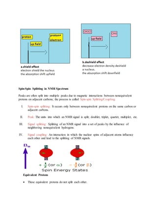 Spin-Spin Splitting in NMR Spectrum
Peaks are often split into multiple peaks due to magnetic interactions between nonequivalent
protons on adjacent carbons; the process is called Spin-spin Splitting/Coupling.
I. Spin-spin splitting: It occurs only between nonequivalent protons on the same carbon or
adjacent carbons.
II. Peak: The units into which an NMR signal is split; doublet, triplet, quartet, multiplet, etc.
III. Signal splitting: Splitting of an NMR signal into a set of peaks by the influence of
neighboring nonequivalent hydrogens.
IV. Signal coupling: An interaction in which the nuclear spins of adjacent atoms influence
each other and lead to the splitting of NMR signals.
Equivalent Protons
 These equivalent protons do not split each other.
 