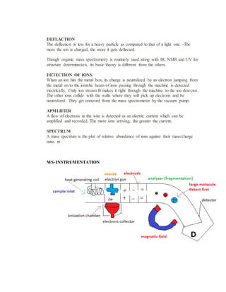 DEFLACTION
The deflection is less for a heavy particle as compared to that of a light one. -The
more the ion is charged, the more it gets deflected.
Though organic mass spectrometry is routinely used along with IR, NMR and UV for
structure determination, its basic theory is different from the others.
DETECTION OF IONS
When an ion hits the metal box, its charge is neutralized by an electron jumping from
the metal on to the ionhe beam of ions passing through the machine is detected
electrically. Only ion stream B makes it right through the machine to the ion detector.
The other ions collide with the walls where they will pick up electrons and be
neutralized. They get removed from the mass spectrometer by the vacuum pump.
APMLIFIER
A flow of electrons in the wire is detected as an electric current which can be
amplified and recorded. The more ions arriving, the greater the current.
SPECTRUM
A mass spectrum is the plot of relative abundance of ions against their mass/charge
ratio. 
MS- INSTRUMENTATION
 