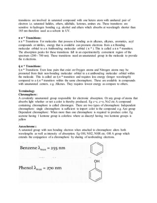 transitions are involved in saturated compound with one hetero atom with unshared pair of
electron i.e. saturated halides, ethers, aldehide, ketones, amines etc. These transitions are
sensitive to hydrogen bonding e.g. alcohol and ethers which absorbs at wavelength shorter than
185 nm therefore used as a solvent in UV.
π π * Transitions:
π π * Transitions For molecules that possess π bonding as in alkenes, alkynes, aromatics, acyl
compounds or nitriles, energy that is available can promote electrons from a π Bonding
molecular orbital to a π Antibonding molecular orbital ( π * ). This is called a π π * transition.
The absorption peaks for these transitions fall in an experimentally convenient region of the
spectrum (200 - 700 nm). These transitions need an unsaturated group in the molecule to provide
the π electrons.
ή π * Transitions:
ή π * Transitions Even lone pairs that exist on Oxygen atoms and Nitrogen atoms may be
promoted from their non-bonding molecular orbital to a π antibonding molecular orbital within
the molecule. This is called an ή π * transition and requires less energy (longer wavelength)
compared to a ή π * transition within the same chromaphore. These are available in compounds
with unsaturated centers. e.g. Alkenes. They requires lowest energy as compare to others.
Terminology
Chromaphore:
A covalently unsaturated group responsible for electronic absorption. Or any group of atoms that
absorbs light whether or not a color is thereby produced. Eg c=c, c=o, No2 etc A compound
containing chromaphore is called chromogen. There are two types of chromaphore Independent
chromaphore: single chromaphore is sufficient to import color to the compound e.g. Azo group
Dependent chromaphore: When more than one chromaphore is required to produce color. Eg
acetone having 1 kentone group is colorless where as diacetyl having two kentone groups is
yellow
.
Auxochrome::
A saturated group with non bonding electron when attached to chromaphore alters both
wavelengths as well as intensity of absorption. Eg OH, NH2, NHR etc. OR A group which
extends the conjugation of a chromaphore by sharing of nonbonding electrons.
 