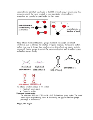 subjected to the individual wavelength in the 5000-667cm-1 range, it absorbs only those
possessing exactly the energy required to cause a particular viberation.Energy
absorptions are recorded as bands(peaks) on chart paper.
Since different bonds and functional groups at different wavelength, an infrared
spectrum is used to determine the structure of organic molecules. For example, carbon-
carbon triple-bond is stronger than a carbon-carbon double bond and requires a shorter
wavelength (greater energy) to stretch).The same consideration apply to carbon-oxygen
and carbon-nitrogen bonds.
An infrared spectrum studied in two section
 Functional group region
 Fingerprint region
Functional group region
The area from 5000cm-1-1300cm-1 is called the functional group region. The bands
in this region are particularly useful in determining the type of functional groups
percentage in the molecule.
Finger print region
 