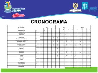 CRONOGRAMA TIEMPO/   MES 1 MES 2 MES 3 ACTIVIDADES       1 2 3 4 1 2 3 4 1 2 3 4 Presentación de P   x                     la propuesta E     x                   Presentación de P           x             anteproyecto E               x           Adecuación de P       x x               instalaciones E       x x               Revisión y limpieza de las P       x x x x x x x x x áreas externas de los galpones E       x x x    x   x   x       Revisión del interior P       x x x x x x x x x de los galpones E       x x x  x  x  x        Revisión y limpieza  P       x x x x x x x x x del equipo E       x x   x x  x  x        Llegada de P         x               los pollos E         x               Suministro de P         x x x x x x x alimentación E         x   x   x   x x       Actividades  P         x x x x x x x x cotidianas E         x x   x   x x        Toma de P         x x x x x x x registro E         x x   x   x   x       Registro talla P                 x       y peso E                         Mercadeo y P                 x       comercialización E                         Entrega informes P                     x     avance E                         Conclusiones  P                           E                         